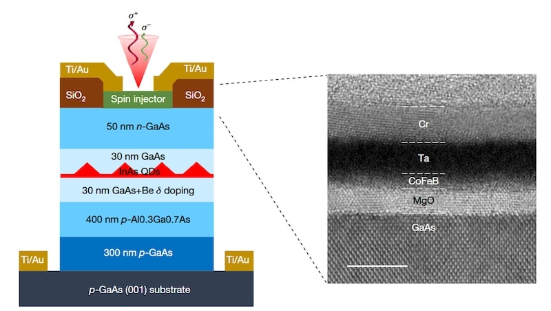 Schéma de la structure de la LED de spin avec une couche active constituée de nanocristaux d’InAs. L'injecteur de spin est une structure de MgO(2,5 nm)/CoFeB(1,2 nm)/Ta(3 nm)/Cr(3 nm). L’image de microscopie est obtenue en mode haute résolution en champ clair et montre la structure multicouche de l'injecteur.